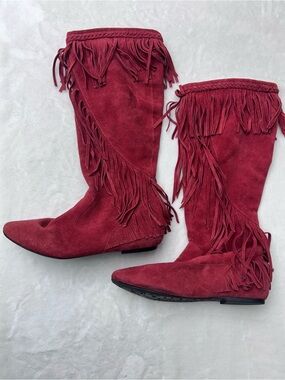 Sam Edelman Red Utah Suede Fringe Pull On Boots Size 7.5